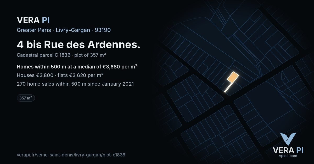 4 bis Rue des Ardennes, Livry-Gargan at night – the plot lit, the parcels around coloured by the prices near them