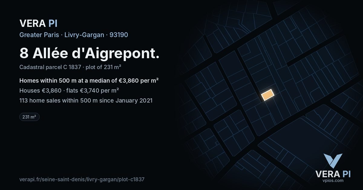8 Allée d'Aigrepont, Livry-Gargan at night – the plot lit, the parcels around coloured by the prices near them