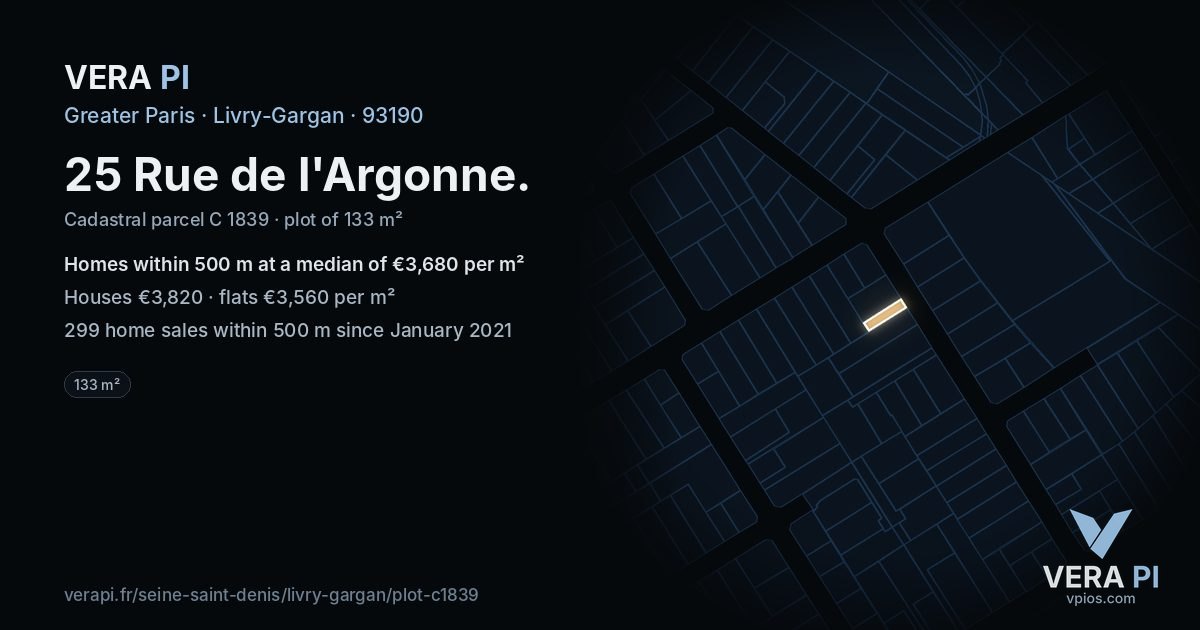 25 Rue de l'Argonne, Livry-Gargan at night – the plot lit, the parcels around coloured by the prices near them