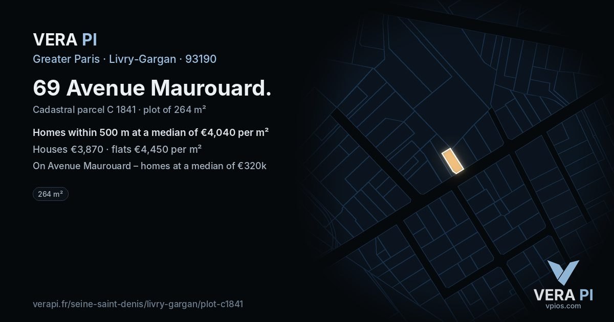 69 Avenue Maurouard, Livry-Gargan at night – the plot lit, the parcels around coloured by the prices near them