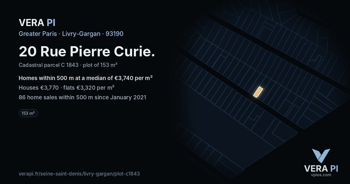 20 Rue Pierre Curie, Livry-Gargan at night – the plot lit, the parcels around coloured by the prices near them