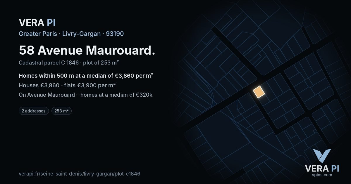 58 Avenue Maurouard, Livry-Gargan at night – the plot lit, the parcels around coloured by the prices near them