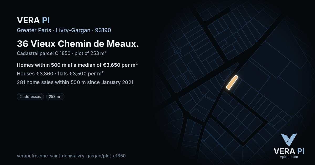 36 Vieux Chemin de Meaux, Livry-Gargan at night – the plot lit, the parcels around coloured by the prices near them