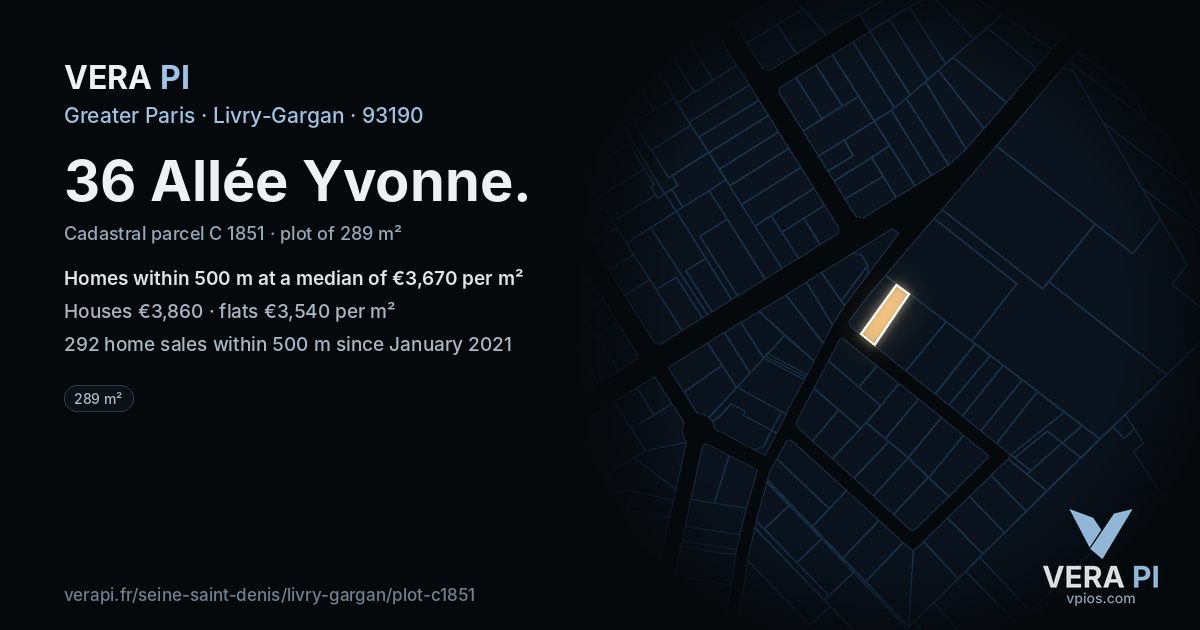 36 Allée Yvonne, Livry-Gargan at night – the plot lit, the parcels around coloured by the prices near them