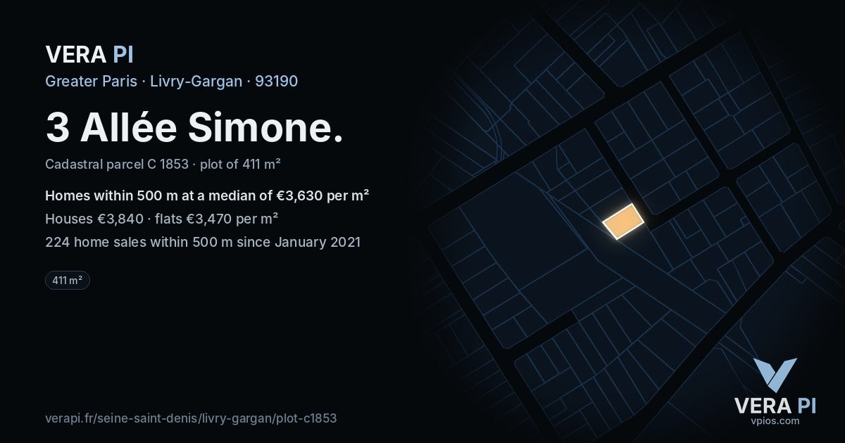 3 Allée Simone, Livry-Gargan at night – the plot lit, the parcels around coloured by the prices near them