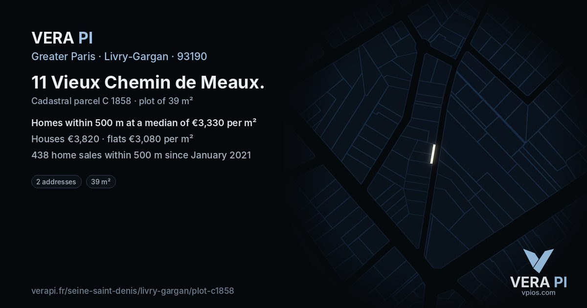 11 Vieux Chemin de Meaux, Livry-Gargan at night – the plot lit, the parcels around coloured by the prices near them