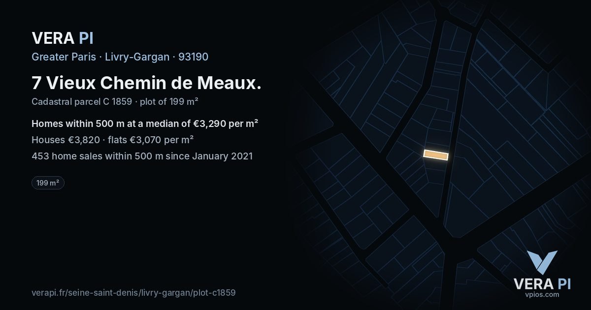 7 Vieux Chemin de Meaux, Livry-Gargan at night – the plot lit, the parcels around coloured by the prices near them