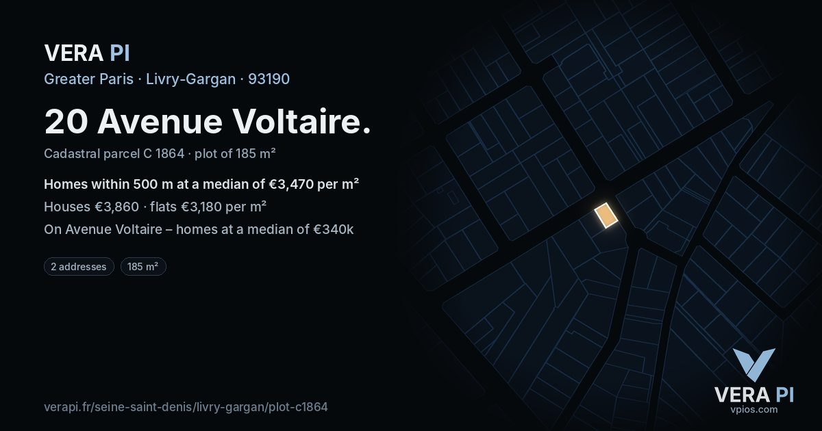 20 Avenue Voltaire, Livry-Gargan at night – the plot lit, the parcels around coloured by the prices near them