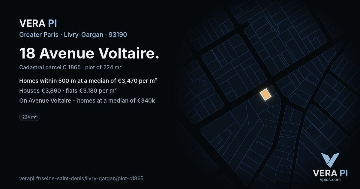 18 Avenue Voltaire, Livry-Gargan at night – the plot lit, the parcels around coloured by the prices near them