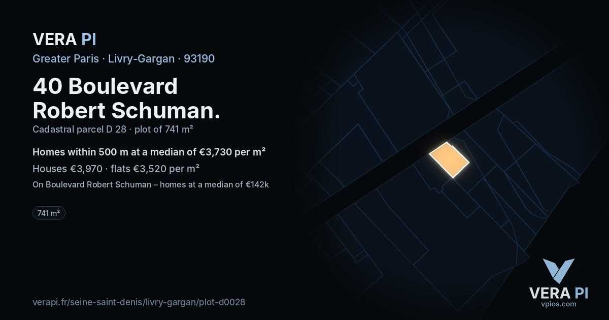 40 Boulevard Robert Schuman, Livry-Gargan at night – the plot lit, the parcels around coloured by the prices near them