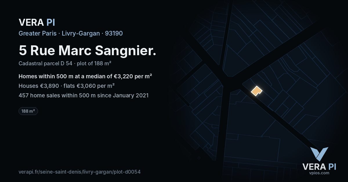 5 Rue Marc Sangnier, Livry-Gargan at night – the plot lit, the parcels around coloured by the prices near them
