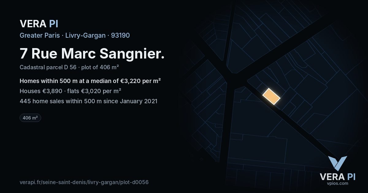 7 Rue Marc Sangnier, Livry-Gargan at night – the plot lit, the parcels around coloured by the prices near them