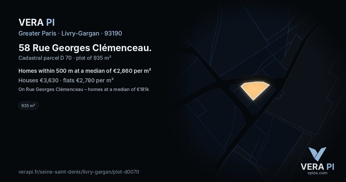 58 Rue Georges Clémenceau, Livry-Gargan at night – the plot lit, the parcels around coloured by the prices near them