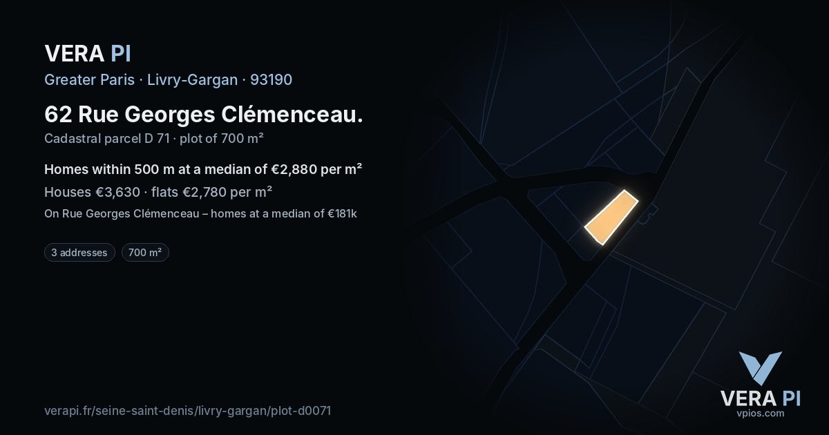 62 Rue Georges Clémenceau, Livry-Gargan at night – the plot lit, the parcels around coloured by the prices near them