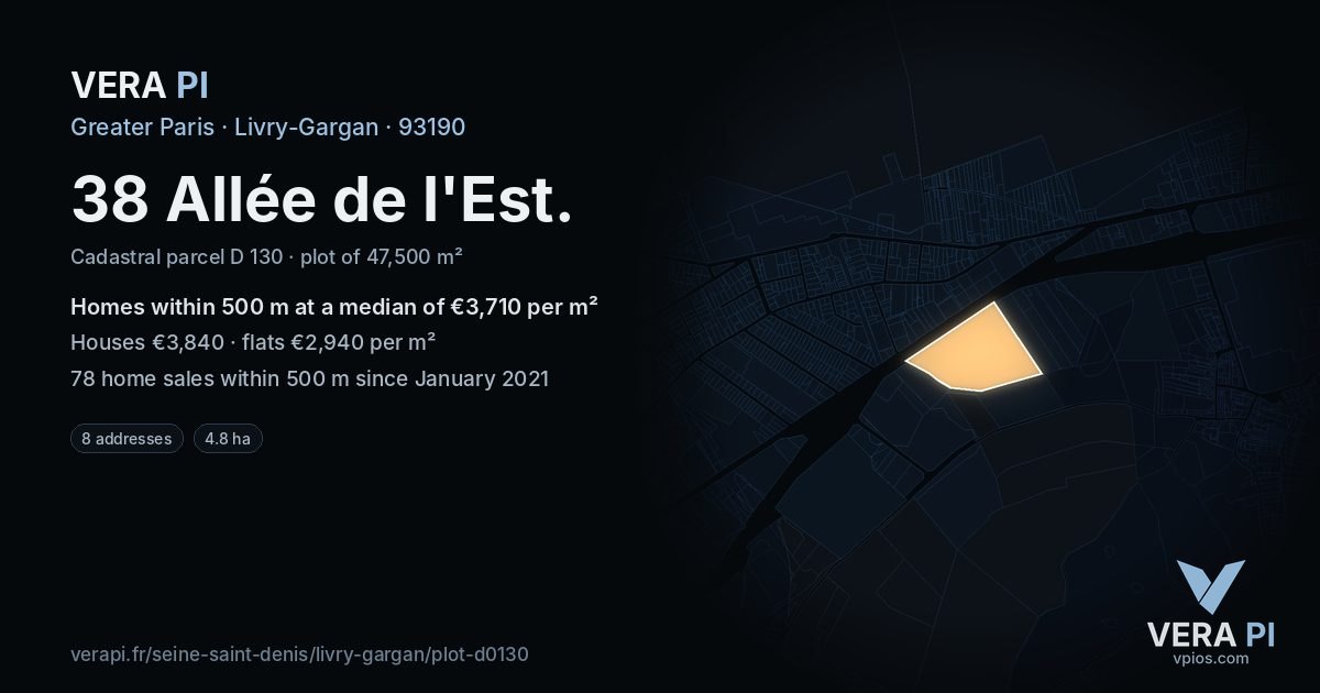 38 Allée de l'Est, Livry-Gargan at night – the plot lit, the parcels around coloured by the prices near them