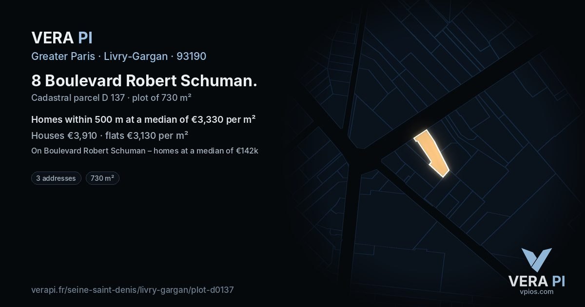 8 Boulevard Robert Schuman, Livry-Gargan at night – the plot lit, the parcels around coloured by the prices near them