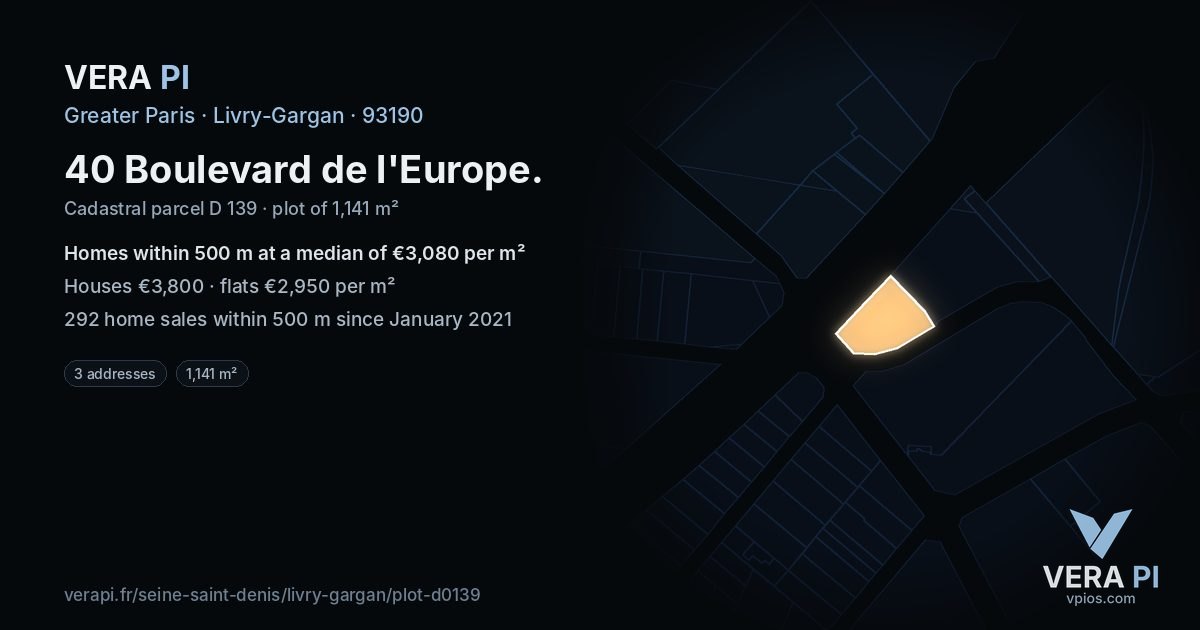 40 Boulevard de l'Europe, Livry-Gargan at night – the plot lit, the parcels around coloured by the prices near them