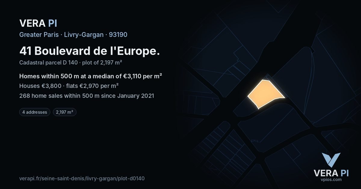 41 Boulevard de l'Europe, Livry-Gargan at night – the plot lit, the parcels around coloured by the prices near them