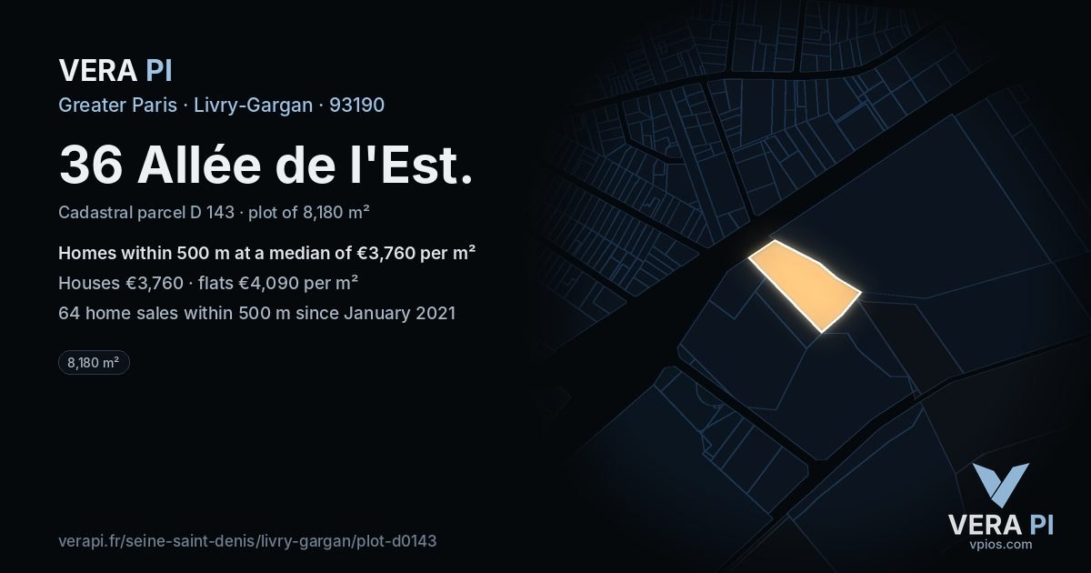 36 Allée de l'Est, Livry-Gargan at night – the plot lit, the parcels around coloured by the prices near them