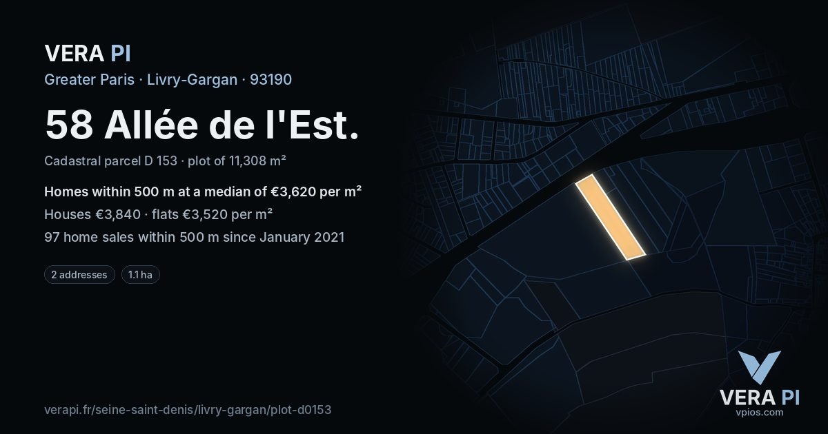 58 Allée de l'Est, Livry-Gargan at night – the plot lit, the parcels around coloured by the prices near them