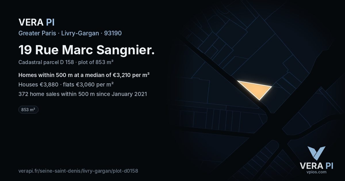 19 Rue Marc Sangnier, Livry-Gargan at night – the plot lit, the parcels around coloured by the prices near them