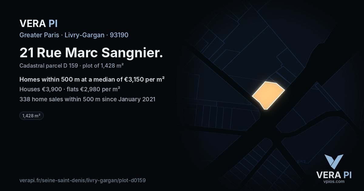 21 Rue Marc Sangnier, Livry-Gargan at night – the plot lit, the parcels around coloured by the prices near them