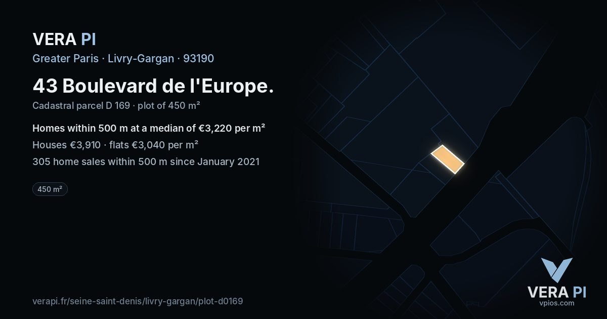 43 Boulevard de l'Europe, Livry-Gargan at night – the plot lit, the parcels around coloured by the prices near them