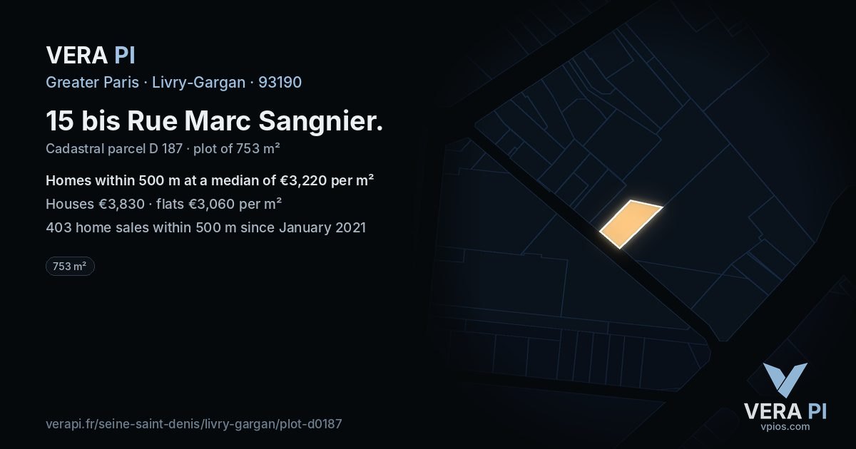 15 bis Rue Marc Sangnier, Livry-Gargan at night – the plot lit, the parcels around coloured by the prices near them