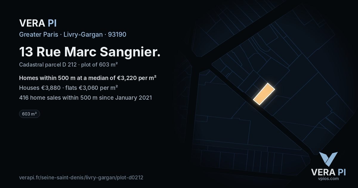 13 Rue Marc Sangnier, Livry-Gargan at night – the plot lit, the parcels around coloured by the prices near them