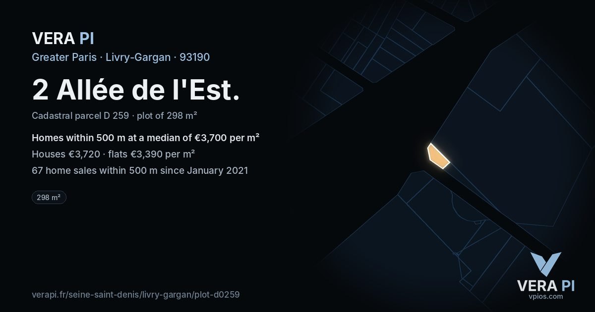 2 Allée de l'Est, Livry-Gargan at night – the plot lit, the parcels around coloured by the prices near them
