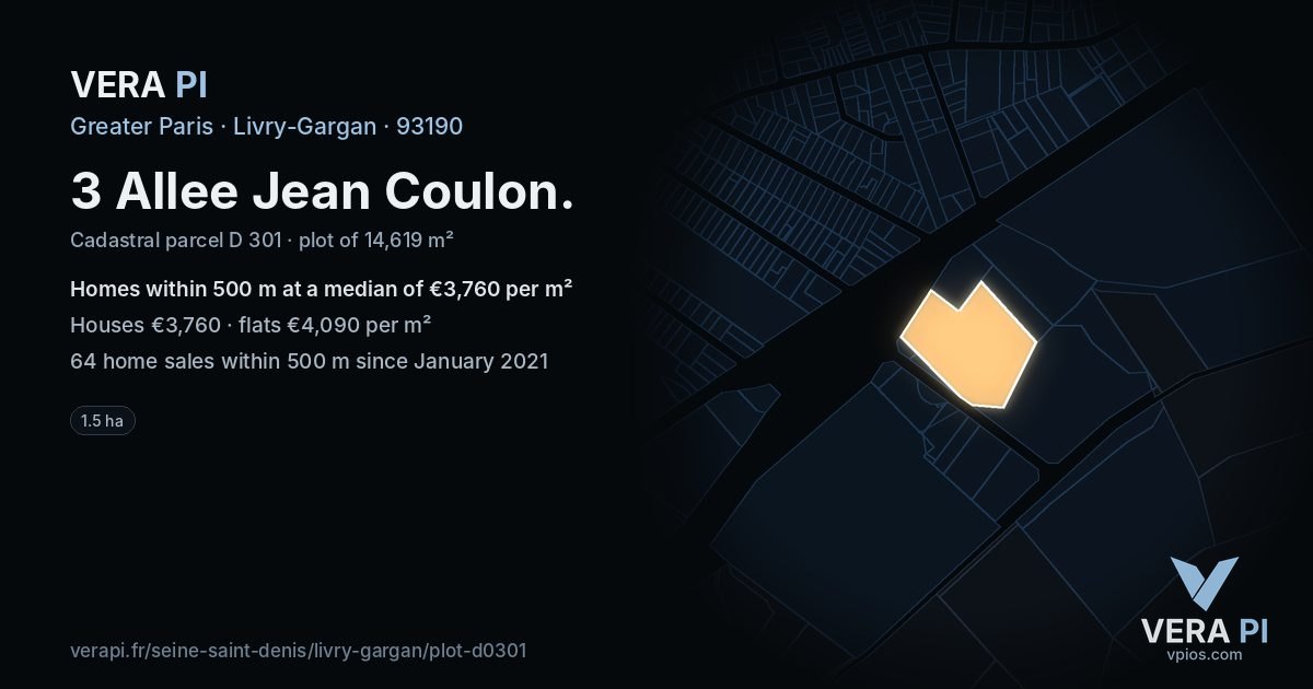 3 Allee Jean Coulon, Livry-Gargan at night – the plot lit, the parcels around coloured by the prices near them