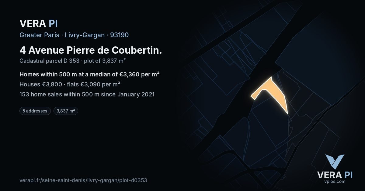 4 Avenue Pierre de Coubertin, Livry-Gargan at night – the plot lit, the parcels around coloured by the prices near them