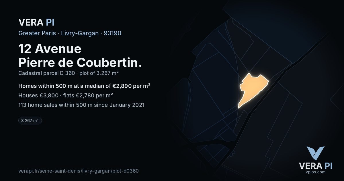 12 Avenue Pierre de Coubertin, Livry-Gargan at night – the plot lit, the parcels around coloured by the prices near them
