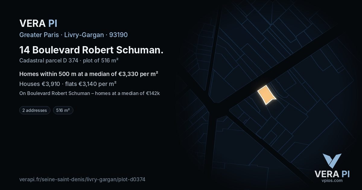 14 Boulevard Robert Schuman, Livry-Gargan at night – the plot lit, the parcels around coloured by the prices near them