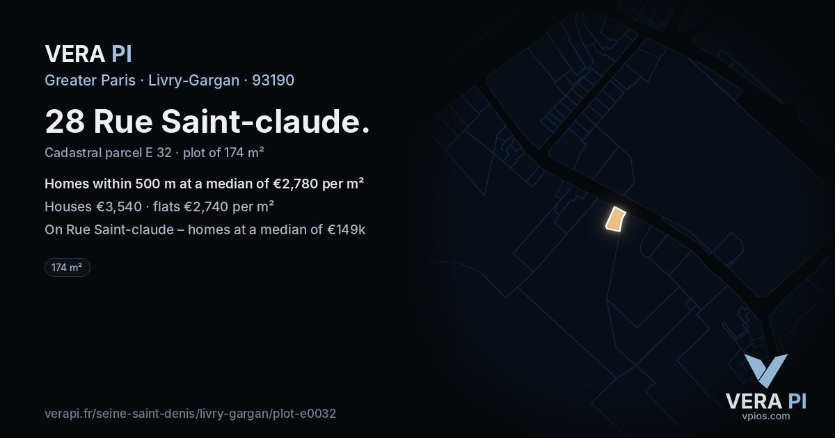 28 Rue Saint-claude, Livry-Gargan at night – the plot lit, the parcels around coloured by the prices near them