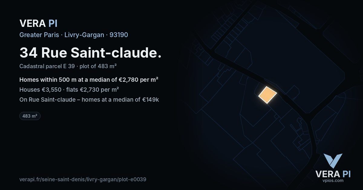 34 Rue Saint-claude, Livry-Gargan at night – the plot lit, the parcels around coloured by the prices near them
