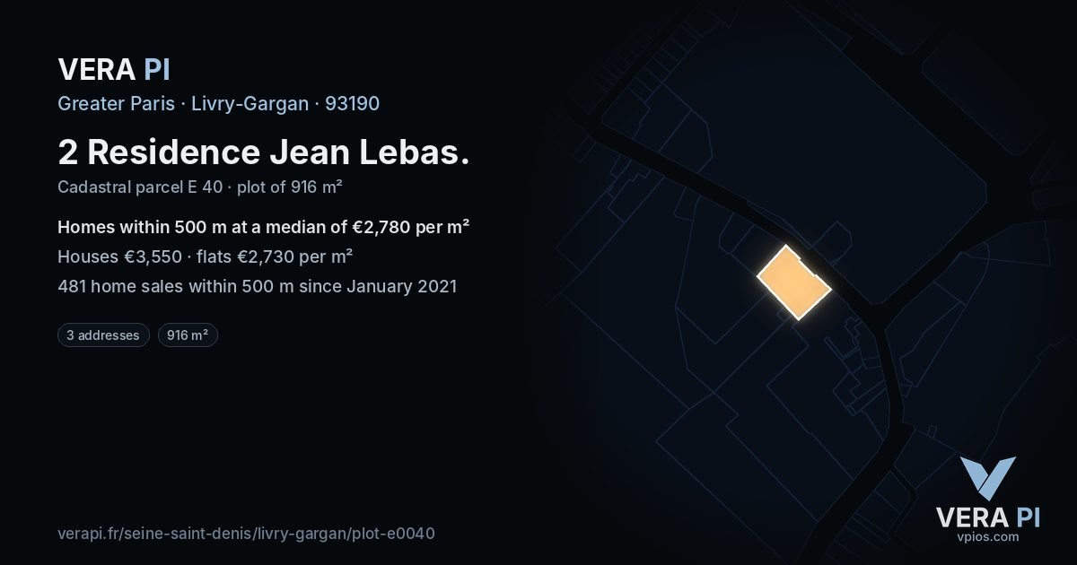 2 Residence Jean Lebas, Livry-Gargan at night – the plot lit, the parcels around coloured by the prices near them