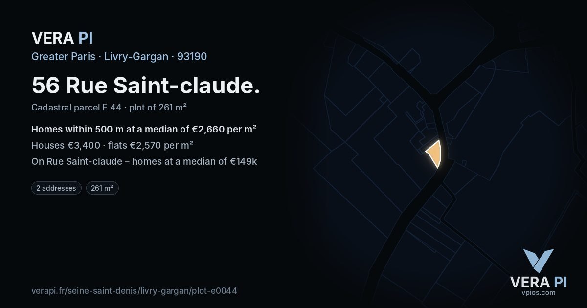 56 Rue Saint-claude, Livry-Gargan at night – the plot lit, the parcels around coloured by the prices near them