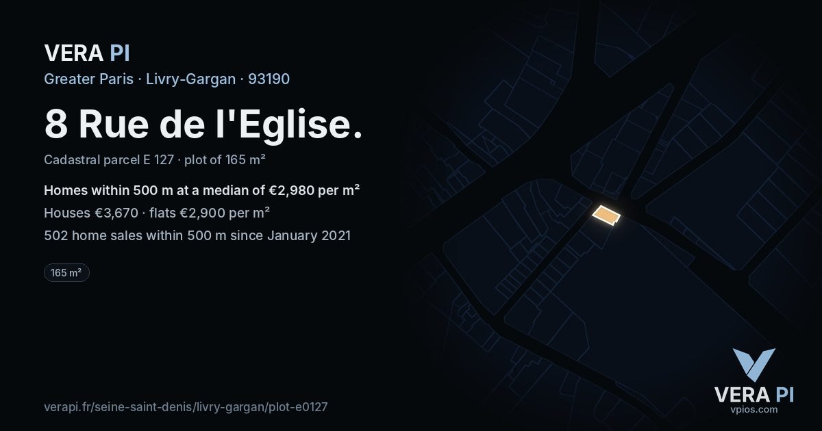 8 Rue de l'Eglise, Livry-Gargan at night – the plot lit, the parcels around coloured by the prices near them