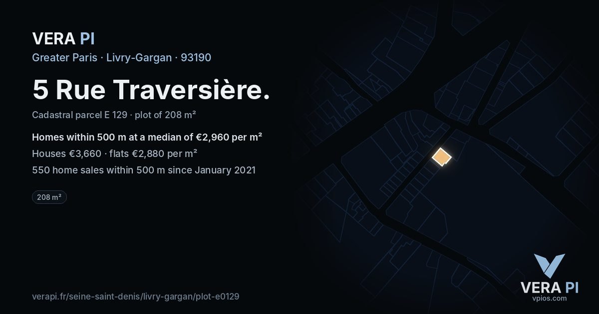 5 Rue Traversière, Livry-Gargan at night – the plot lit, the parcels around coloured by the prices near them