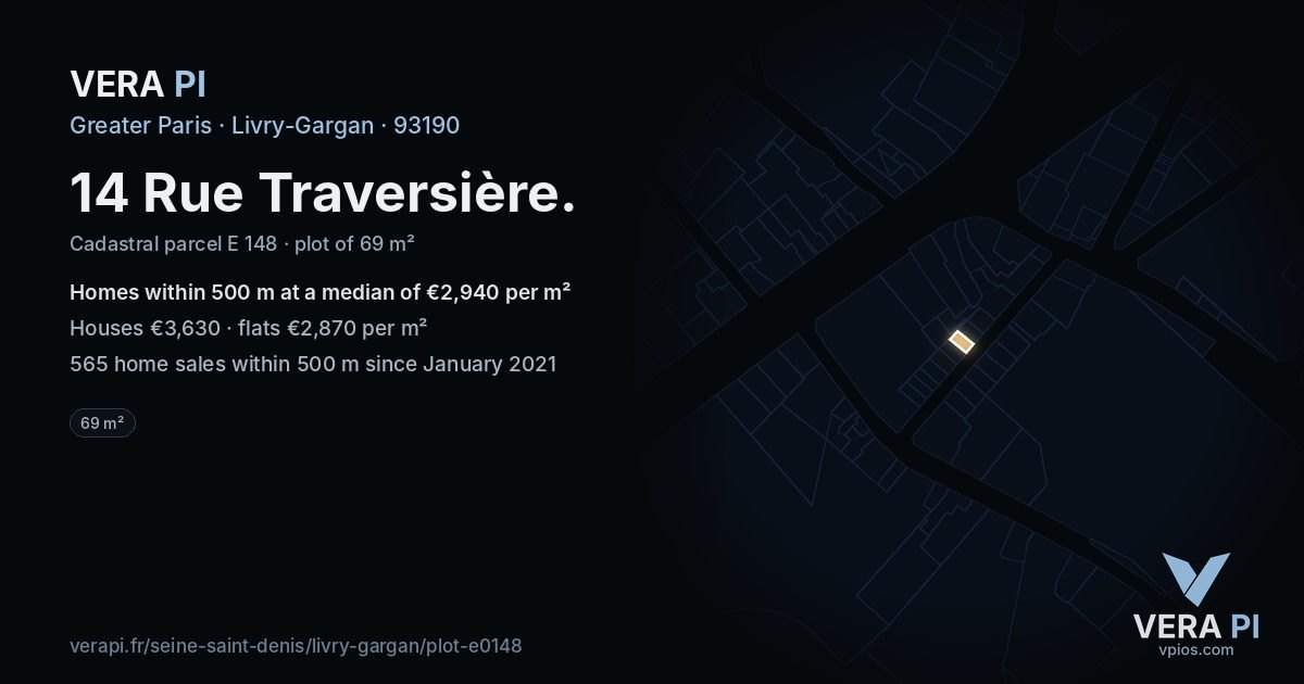 14 Rue Traversière, Livry-Gargan at night – the plot lit, the parcels around coloured by the prices near them