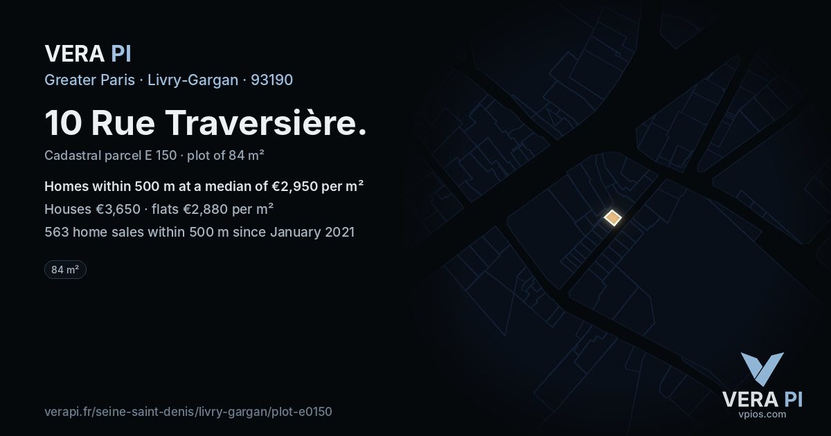 10 Rue Traversière, Livry-Gargan at night – the plot lit, the parcels around coloured by the prices near them