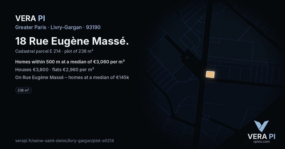 18 Rue Eugène Massé, Livry-Gargan at night – the plot lit, the parcels around coloured by the prices near them