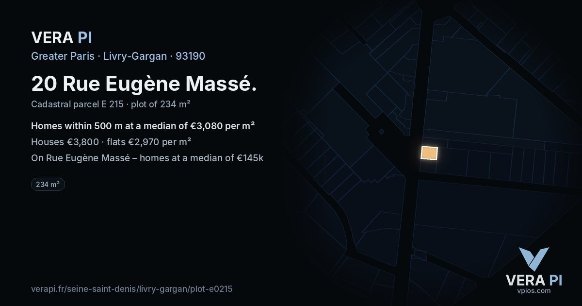 20 Rue Eugène Massé, Livry-Gargan at night – the plot lit, the parcels around coloured by the prices near them
