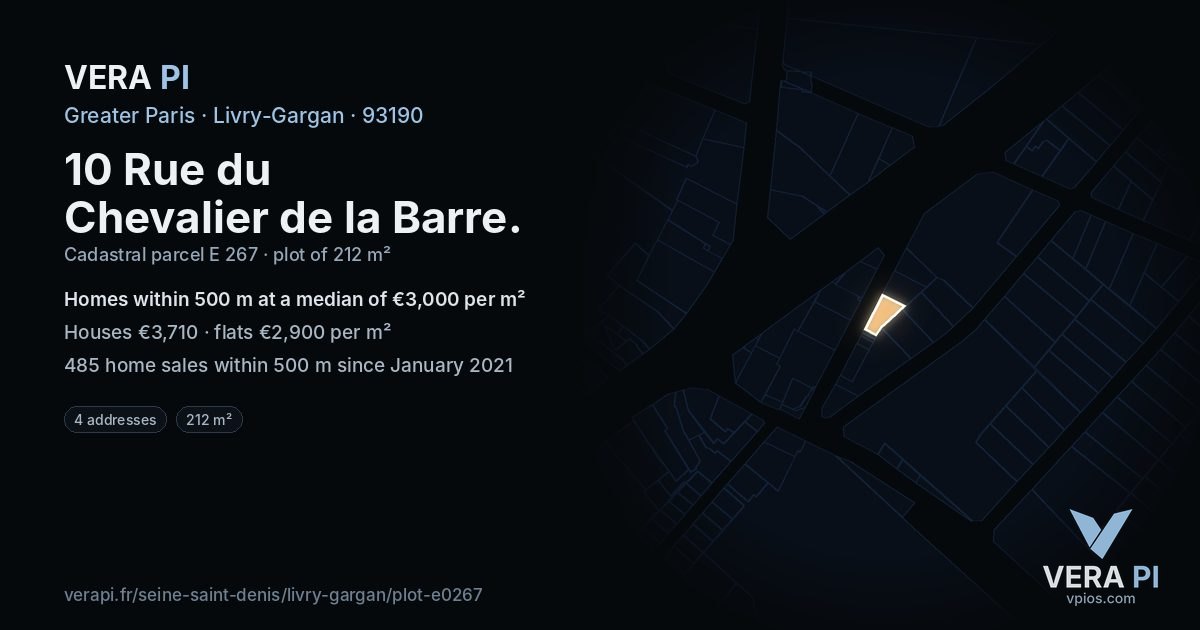 10 Rue du Chevalier de la Barre, Livry-Gargan at night – the plot lit, the parcels around coloured by the prices near them