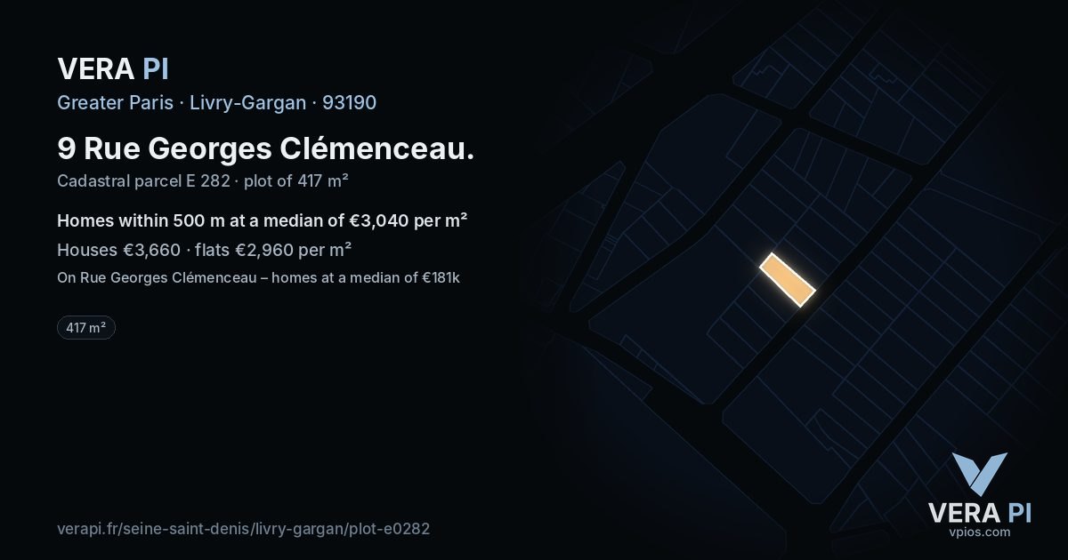 9 Rue Georges Clémenceau, Livry-Gargan at night – the plot lit, the parcels around coloured by the prices near them
