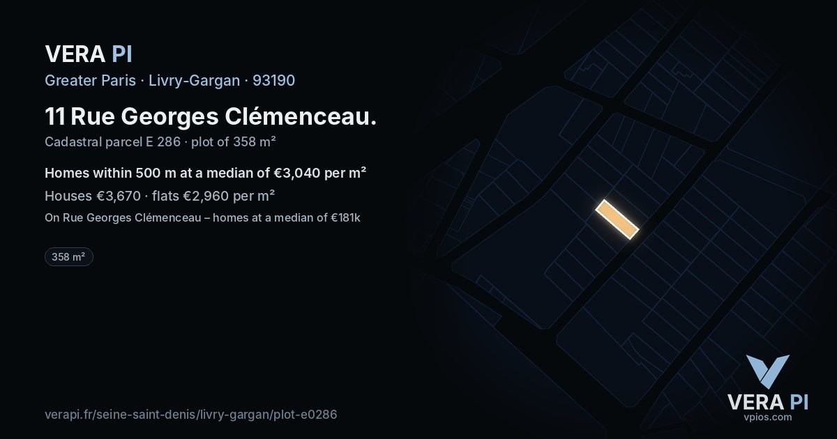 11 Rue Georges Clémenceau, Livry-Gargan at night – the plot lit, the parcels around coloured by the prices near them
