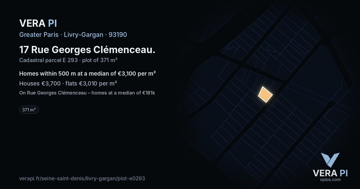 17 Rue Georges Clémenceau, Livry-Gargan at night – the plot lit, the parcels around coloured by the prices near them