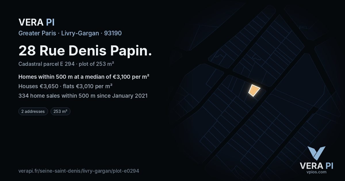 28 Rue Denis Papin, Livry-Gargan at night – the plot lit, the parcels around coloured by the prices near them