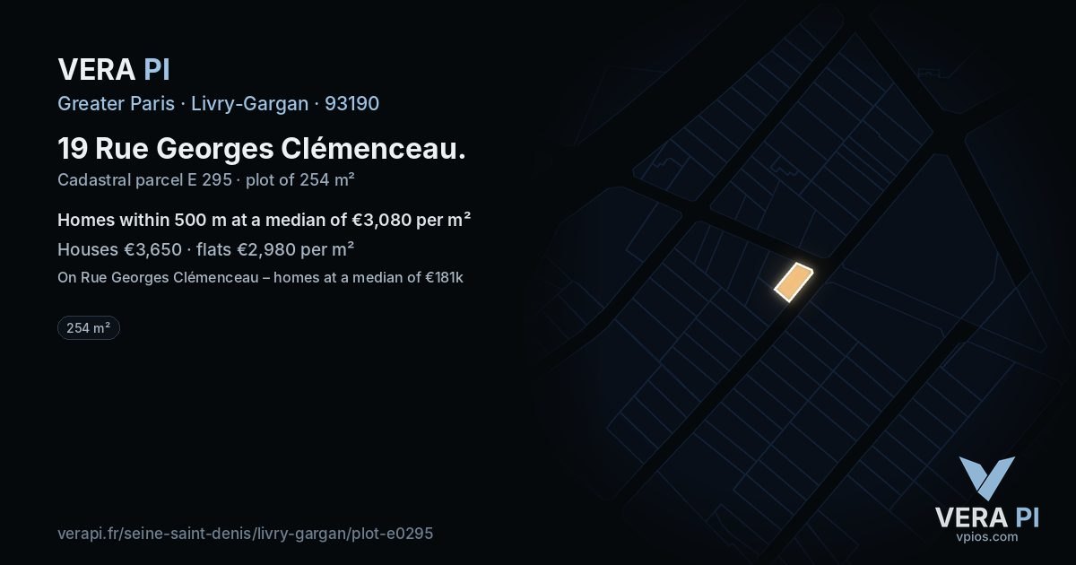 19 Rue Georges Clémenceau, Livry-Gargan at night – the plot lit, the parcels around coloured by the prices near them